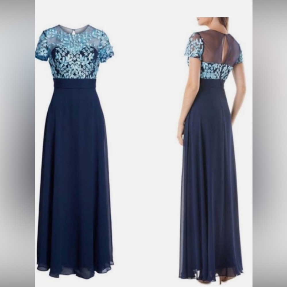 Beautiful lace embroidered navy and aqua gown. Short sleeve, NWT